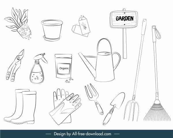 narzędzia ogrodnicze ikony czarny biały ręcznie rysowany szkic