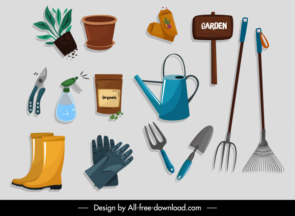 ícones de ferramentas de jardinagem coloridos design plano