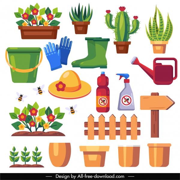 elementos de diseño de trabajo de jardinería coloridos símbolos planos bosquejo
