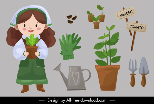 taller de jardinería elementos de diseño de herramientas de plantación de niñas boceto