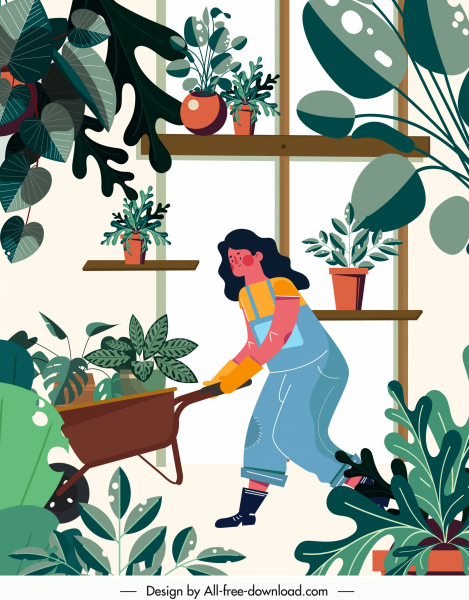 trabalho de jardinagem pintura mulher plantas houseplants esboço personagem desenho animado