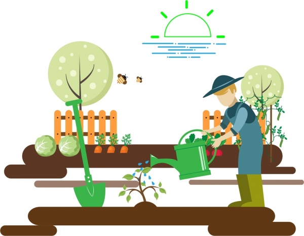 Gardening Work Theme Man Growing Tree Sketch Colorful Design