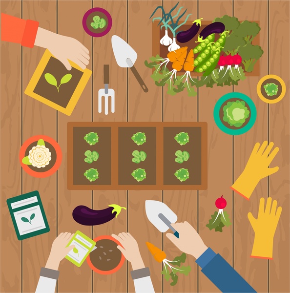 Illustration de concept de travaux de jardinage avec des mains et des produits