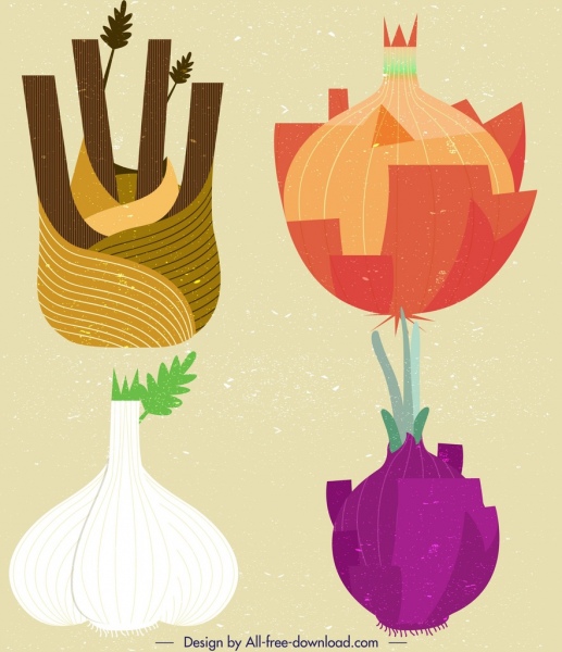 чеснок, лук, овощные иконки, красочный ретро-дизайн