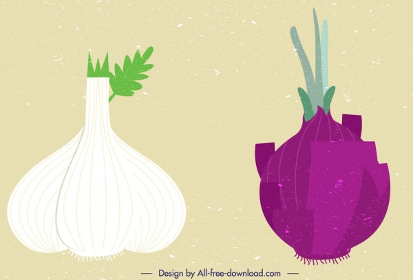 ไอคอนผักหัวหอมกระเทียมสีแบนการออกแบบย้อนยุค