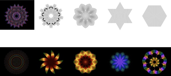 ícones de formas geométricas ilustradas com padrão de caleidoscópio