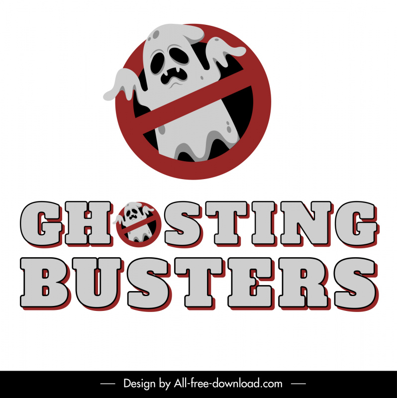 Template poster ghosting busters mengancam teks sketsa kartun yang melarang tanda lingkaran