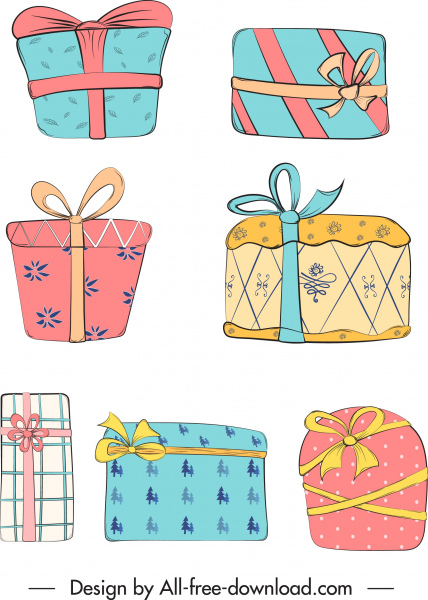 icônes de boîte de cadeau croquis classique plat coloré