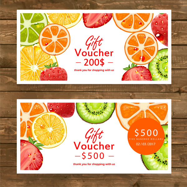 hadiah voucher vektor ilustrasi dengan berbagai latar belakang buah-buahan