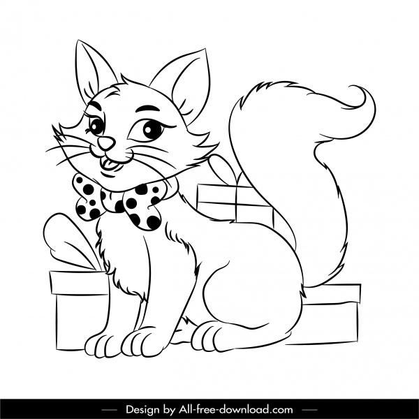 hadiah ikon kucing hitam putih digambar sketsa kartun