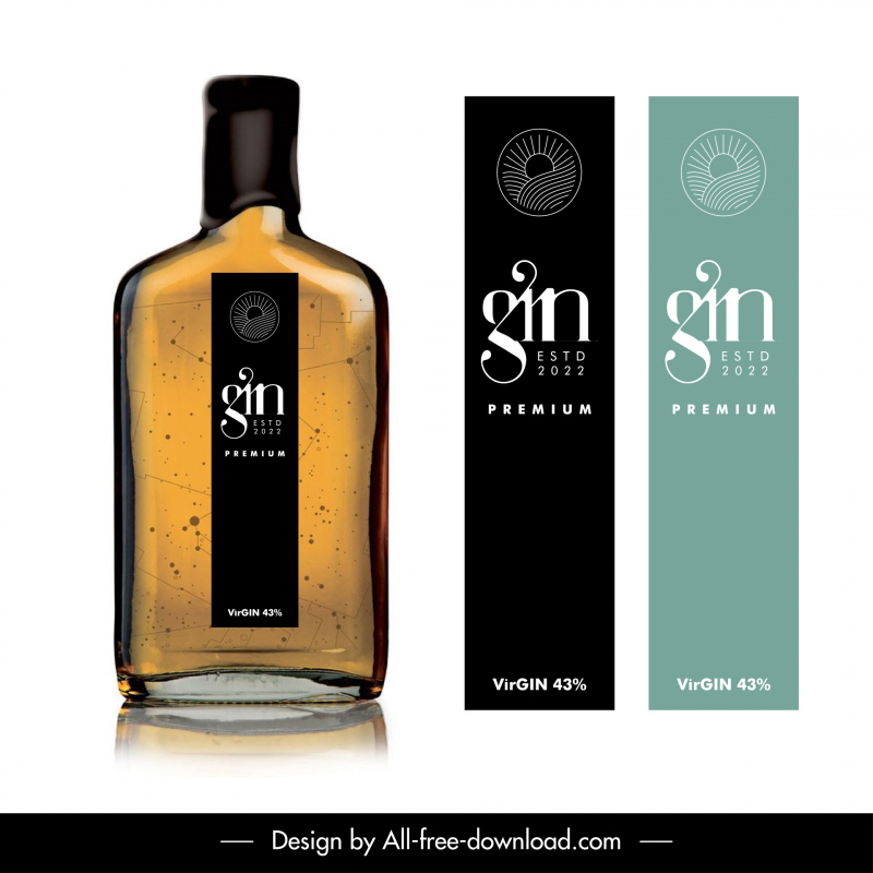 gin álcool elementos de design elegante esboço de caixa de garrafa plana