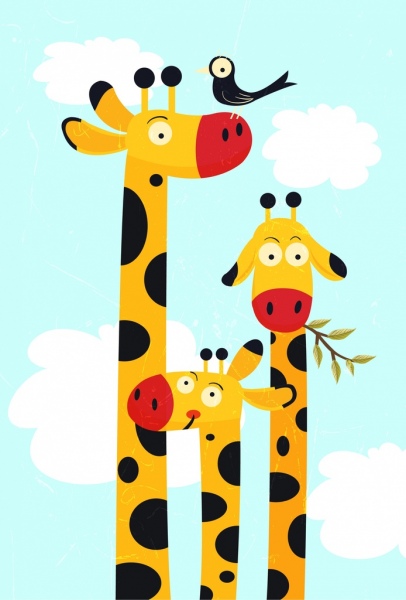 giraffa famiglia disegno collo alto, primo piano multicolore cartoon