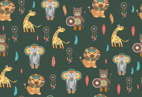 le giraffe, elefanti, leoni, orsi modello tribale, ripetendo il design