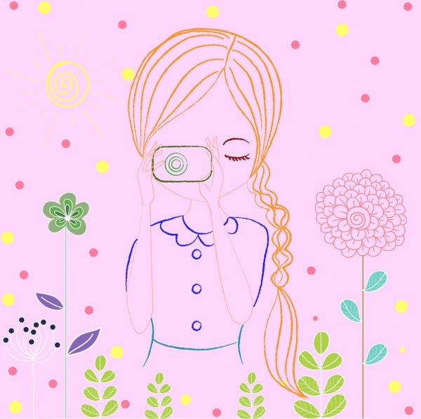 esboço de menina ícone colorido passatempo de câmera de mão desenhada