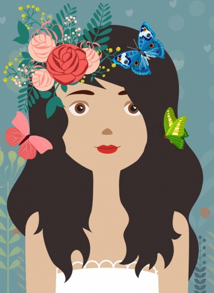 retrato de menina, decoração de flores multicoloridas borboletas de desenho