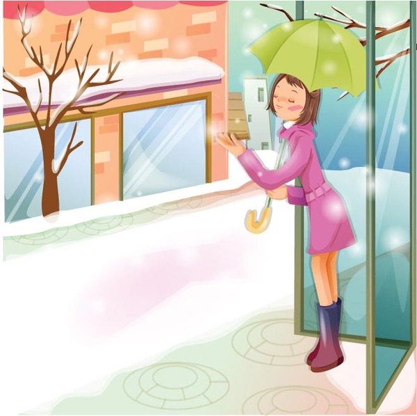 gadis dengan payung di musim dingin jalan vektor