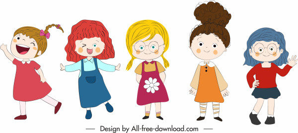 les icônes de filles mignonnes enfants esquissent des caractères de dessin animé