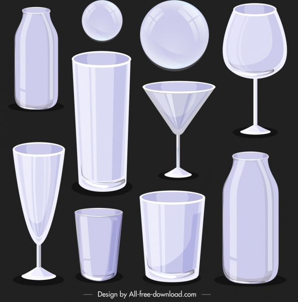 ícones de objetos de vidro brilhantes esboço 3D moderno