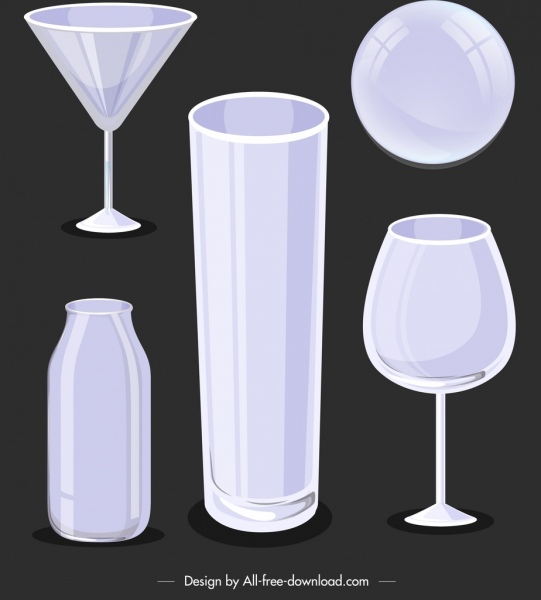 Iconos de utensilios de cristalería boceto 3d en blanco