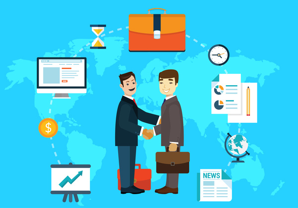 ilustrasi infographic bisnis global dengan pengusaha berjabat tangan