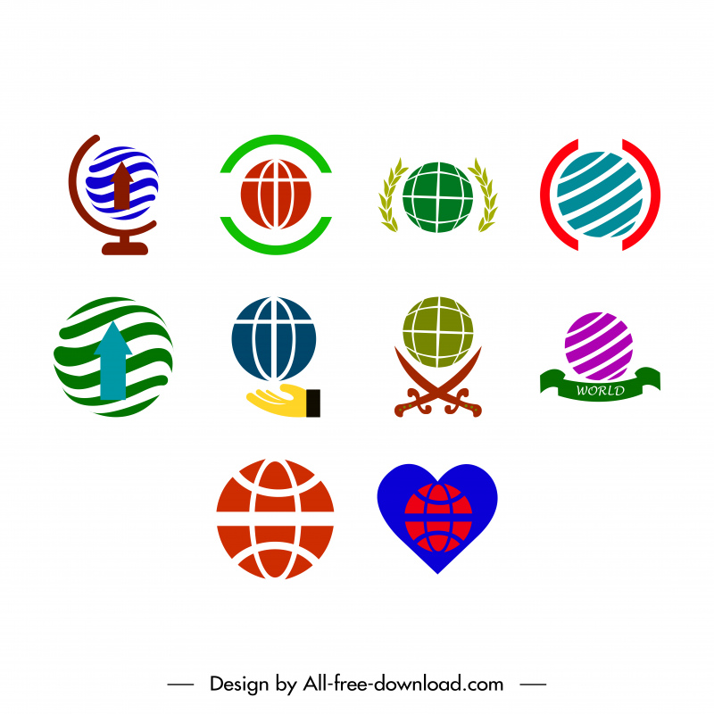 ícone de globo define esboço de formas coloridas planas