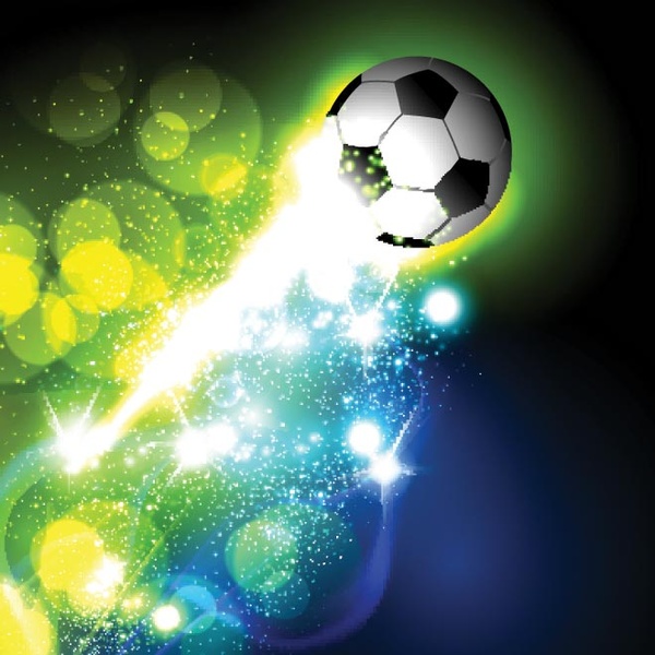 抽象的なカラフルな背景に光るサッカー ボール