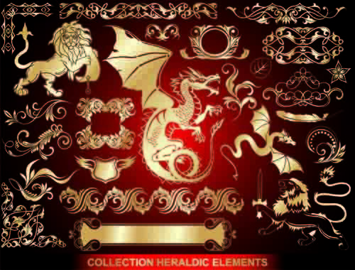 Gold Heraldic Label And Ornaments Design Elements Vector
