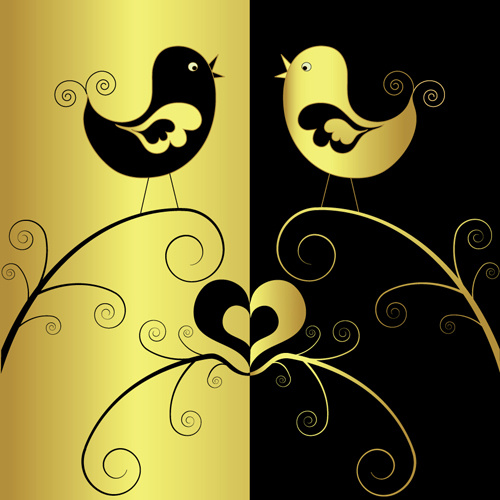 oro con vector de fondo de arte de pájaros negros
