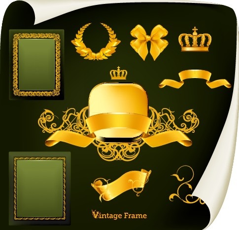 emblema d'oro e cornici elementi decorativi vettore