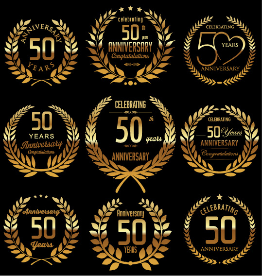 Golden Laurel Wreath With Anniversary Celebration Labels Vector Golden Laurel Wreath With Anniversary Celebration Labels Vector