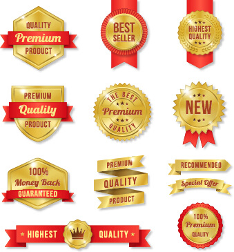 Etiquetas de calidad premium oro con cinta roja vector