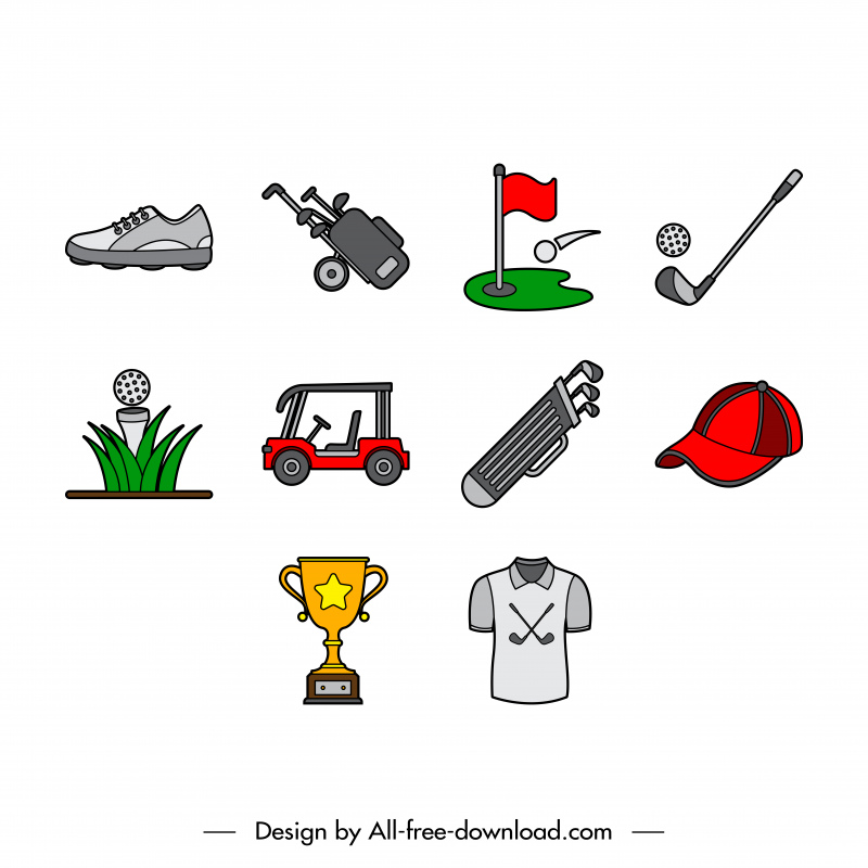 Golf Icon Sets Flache Symbole Skizze
