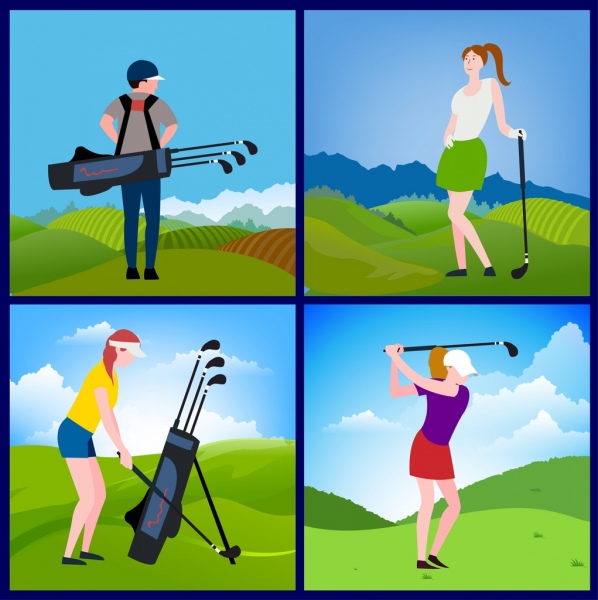 гольфист иконы изоляции разноцветные мультфильм дизайн различные жесты