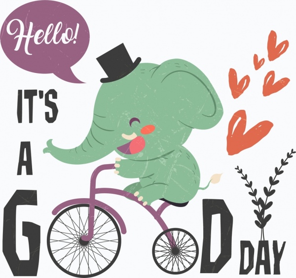 hari baik banner lucu gajah naik sepeda ikon