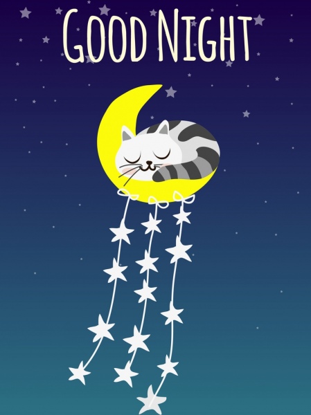 gute Nacht Hintergrund schlafende Katze Mond Sterne Symbole