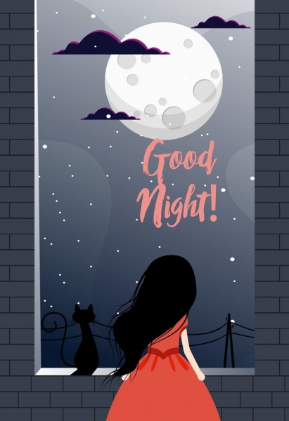 Selamat malam banner bulat bulan ikon gadis kecil