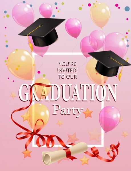 Plantilla de invitacion graduacion fiesta decoracion globos coloridos iconos