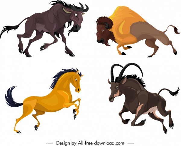 Ícones da espécie de graminívoro antílope cavalo de touro esboço dos desenhos animados