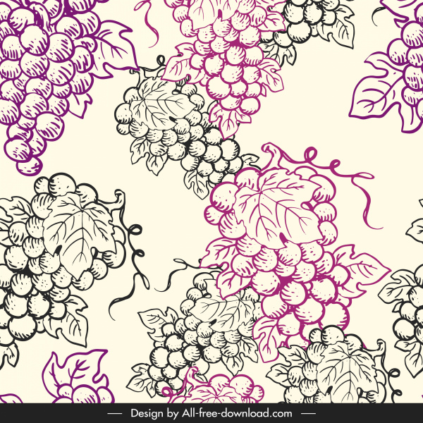 plantilla de patrón de uvas elegante diseño clásico dibujado a mano