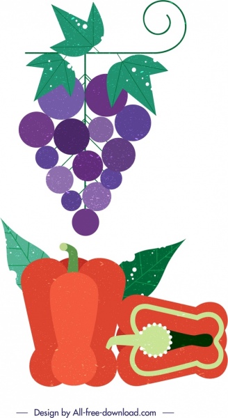 raisins, poivre, légumes, fruits, icônes, design rétro coloré