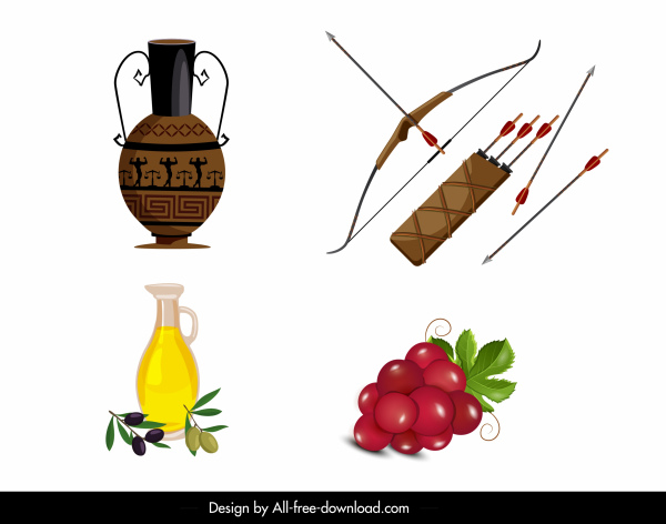 grec éléments de conception poterie flèche fruits d'olive croquis