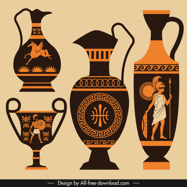 iconos de cerámica griega elegante decoración retro plana oscuro
