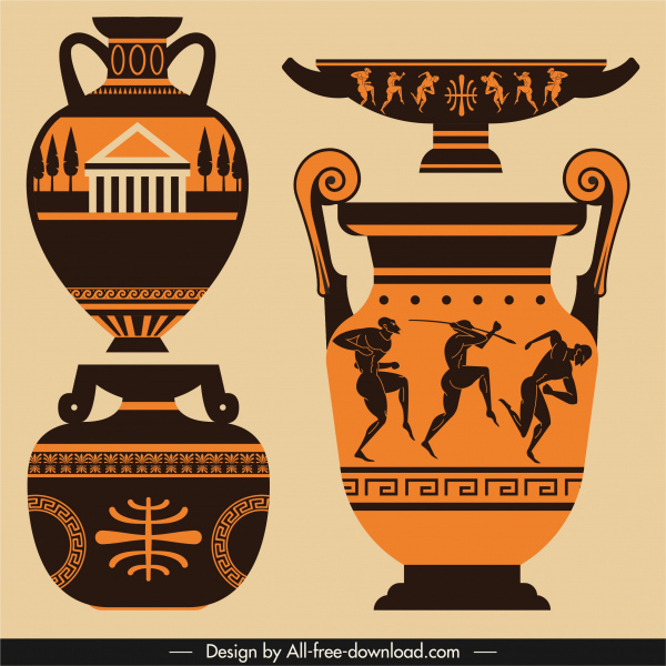 ícones de cerâmica grega decoração de símbolos retrô plano