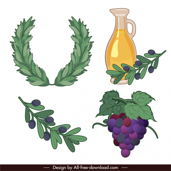 símbolos gregos ícones coroa de flores de oliva esboço uvas