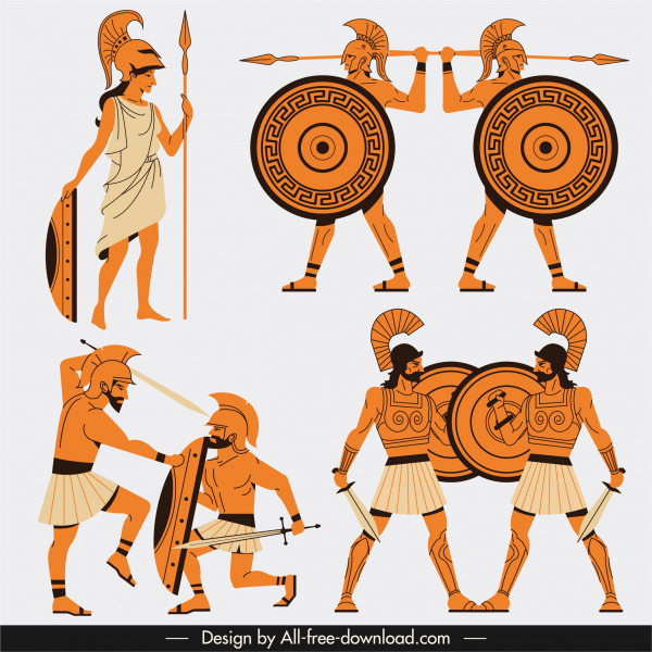 ícones guerreiro grego esboço de personagem de desenho animado clássico