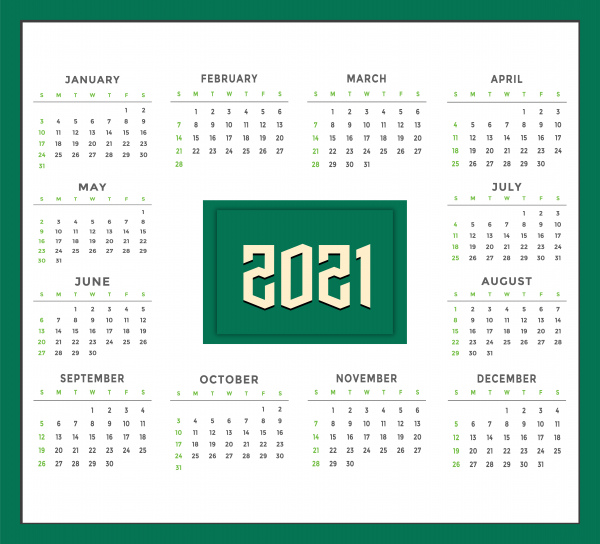 grüner Kalender für das neue Jahr 2021
