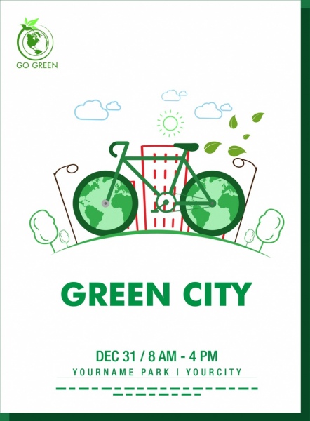 Icono de la bandera verde ciudad bicicletas estilo dibujado a mano