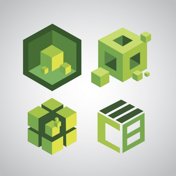 Abbozzo delle icone verdi cubi decorazione 3d