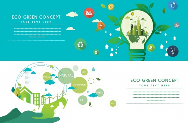 Verde ecología banners diseño horizontal bombilla globo iconos