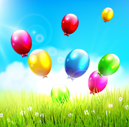 grama verde e fundo de balões coloridos